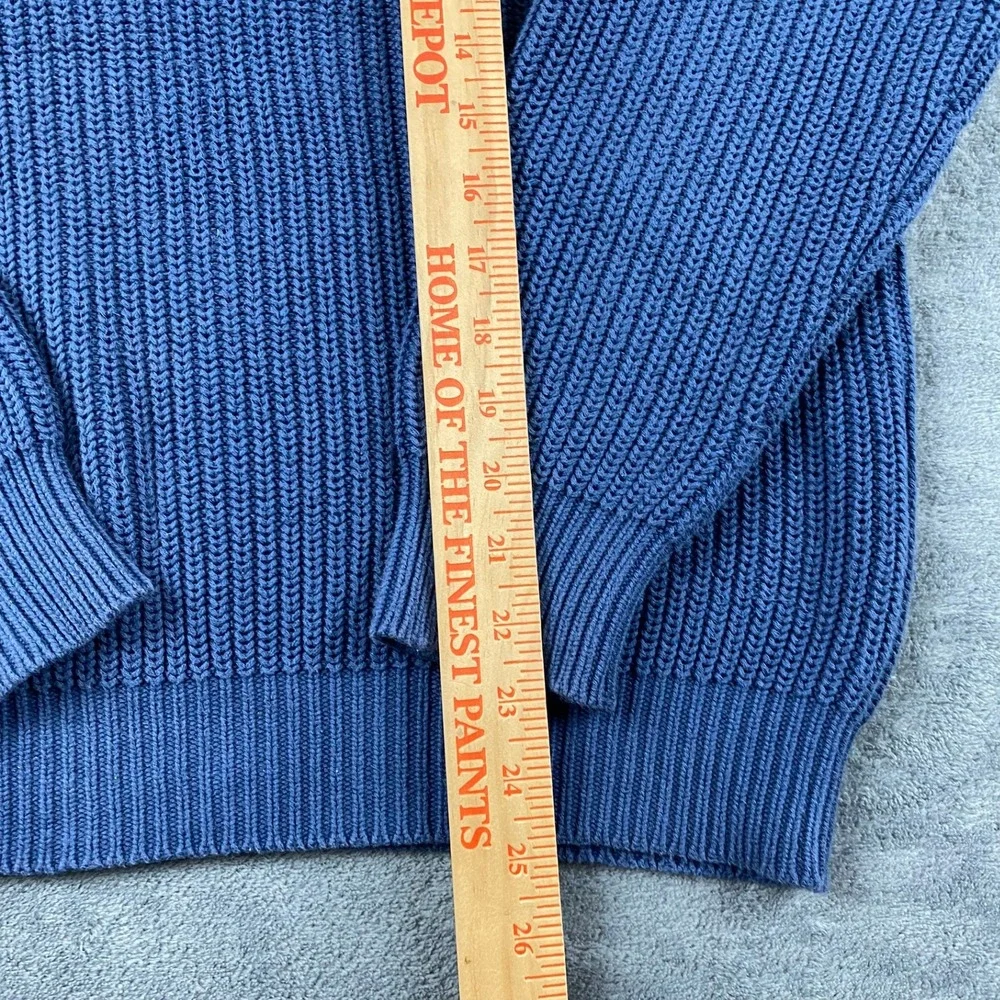 Vtg LL Bean Mens L Sweater Blue Cotton Shaker Stitch Mock Neck Quarter Button